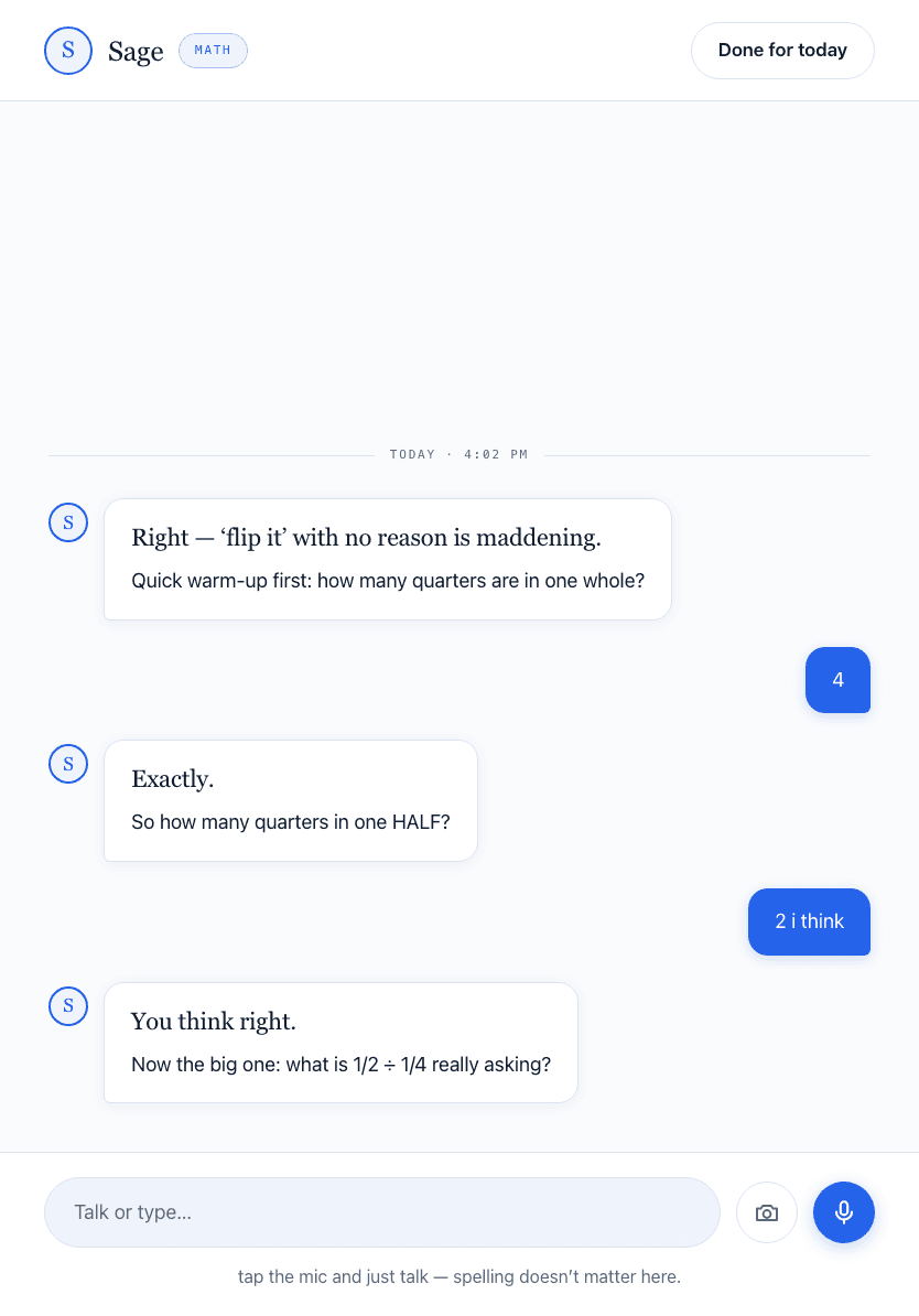 A tutoring conversation, where the student talks through a problem